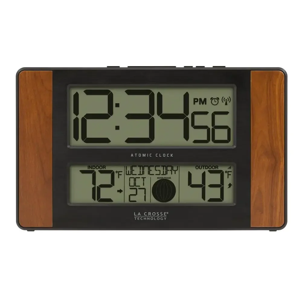 Atomic Digital Clock with Indoor/Outdoor Temperature Moon Phase Calendar Display Stylish Modern Design Alarm Snooze Temperature