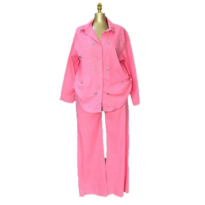 Two Set Long Sleeve Full Length Fresh Sweet Women Sets with High Waist Straight Leg Pants Long Pants Summer Beaded Shirt