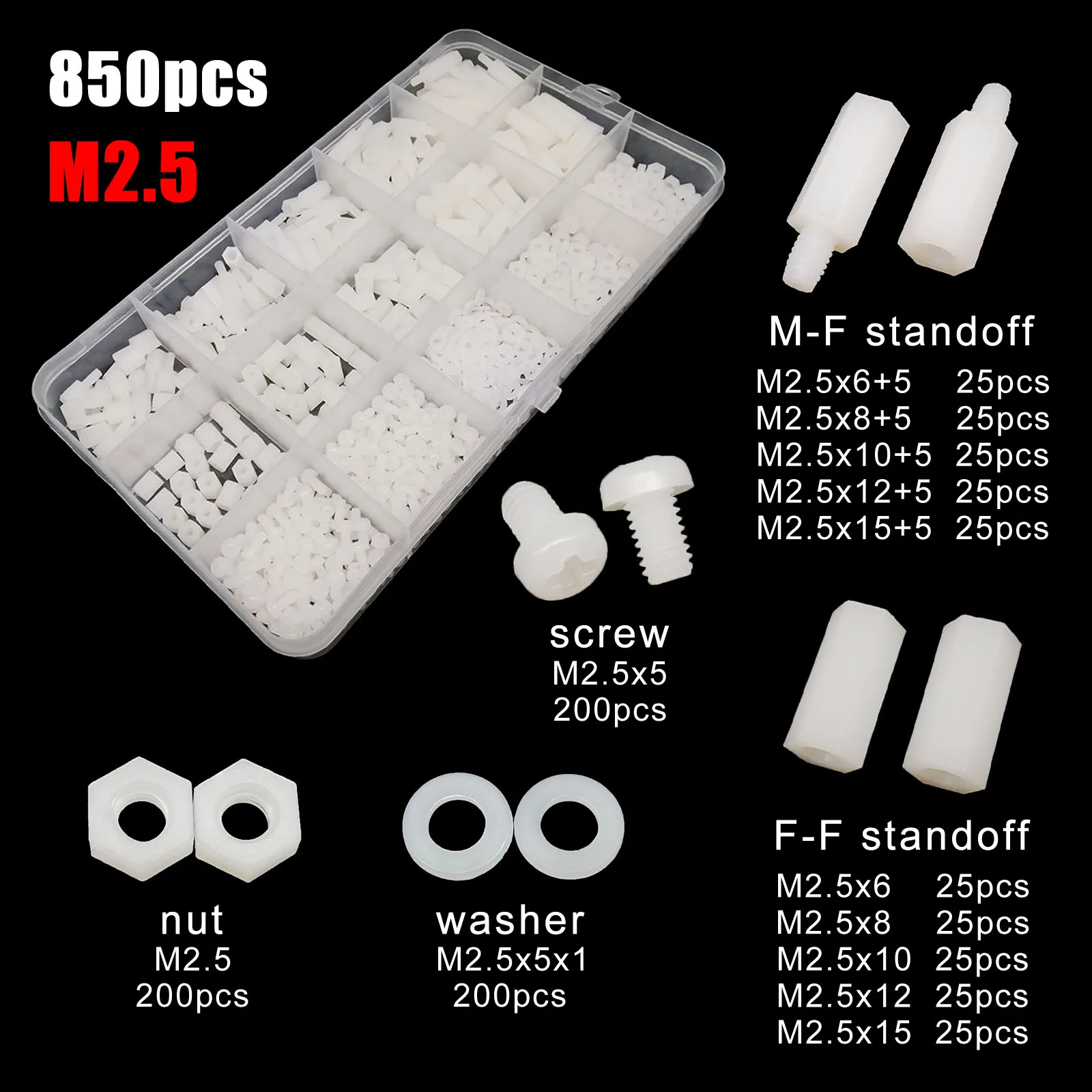 1 doos Plastic Nylon Hex Hexagon Spacer Kolom Standoff Schroef Moer Ring Kit Set voor PCB Moederbord M2 M2.5 M3 M4 Zwart Wit