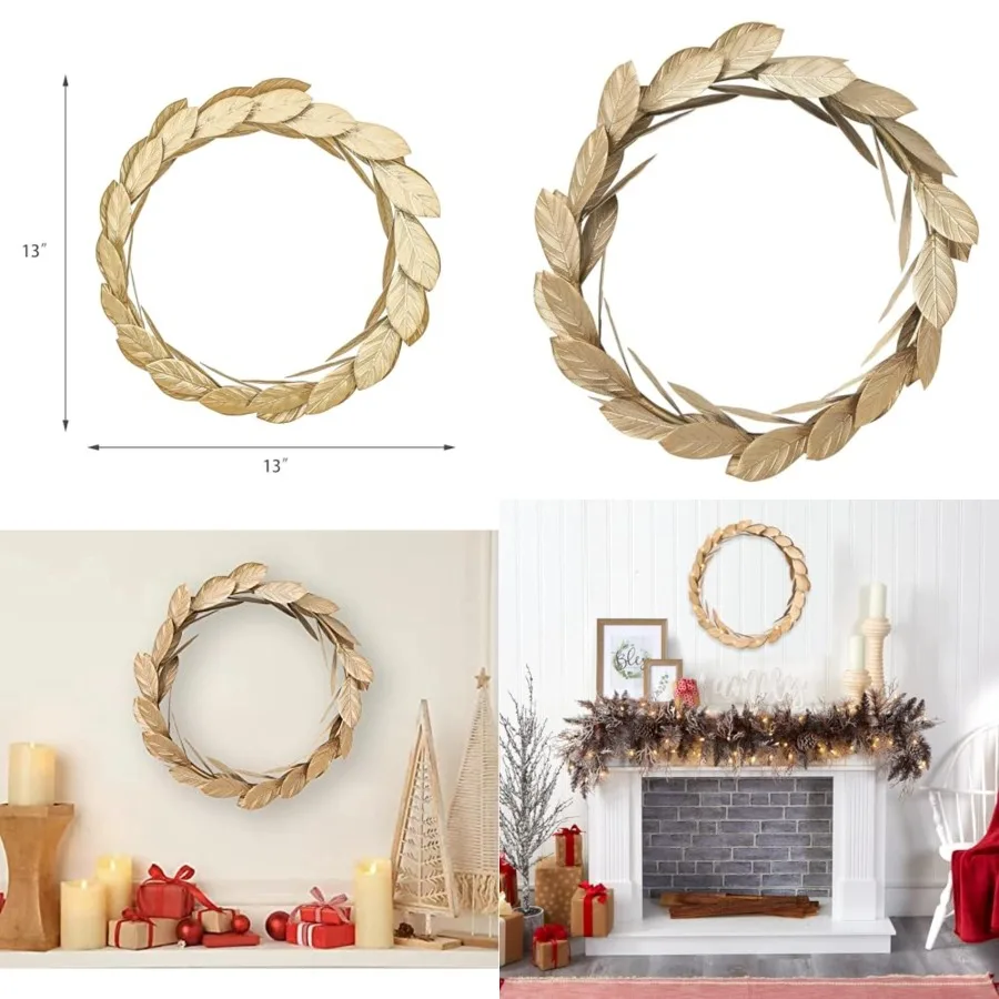 

Gold Leaves Metal Wreath Wall Decor for Front Door13 inch Door Wreath for Christmas Window Wedding Party Decoration