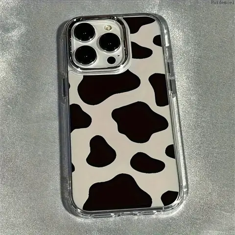 Cow print trendy pattern metal frame transparent phone case for iPhone 18 17 16 15 14 13 12 Pro Max Plus series
