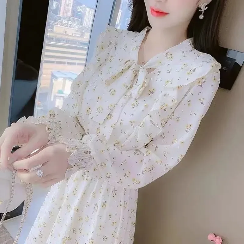 Chiffon Korean Style Female Dress Bow Women\'s Long Sleeve Dresses Clothing Elastic Aesthetic New Features of 2025 Fashion Cotton