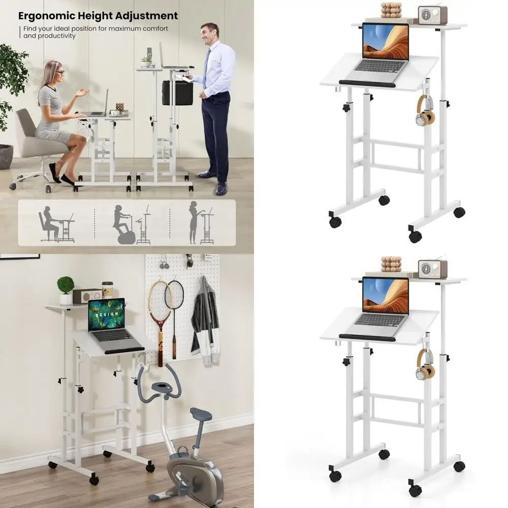 

Adjustable Height Laptop Stand with Tilting Surface & Lockable Wheels for Home Office Use