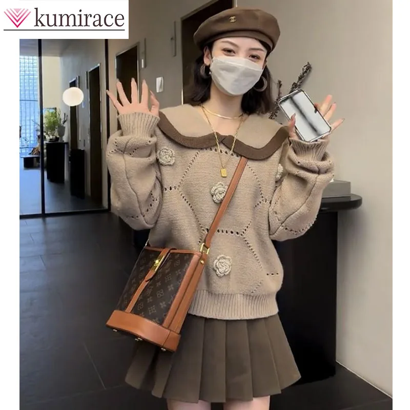 

Women's 2024 Spring and Autumn New Collection Doll Collar Knitted Sweater Pleated Skirt Milk Style Two Piece Set Skirt Sets