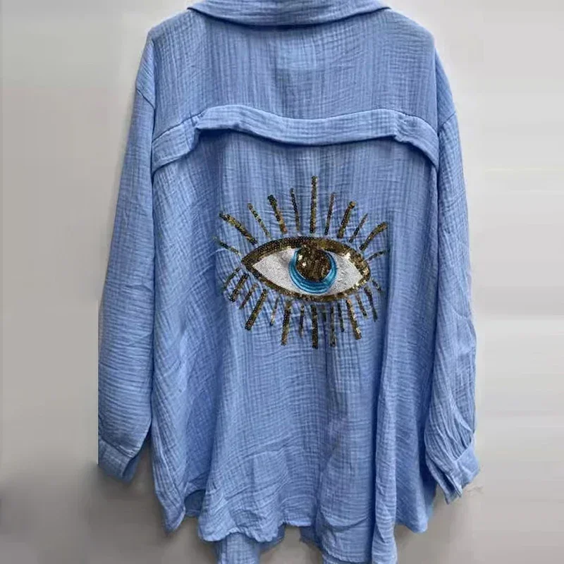 Evil Eye Casual Sequin Beaded Shirt Spring Geometric Eye Top Long Sleeve Loose Shirts Summer Turn-down Collar Button Long Blouse