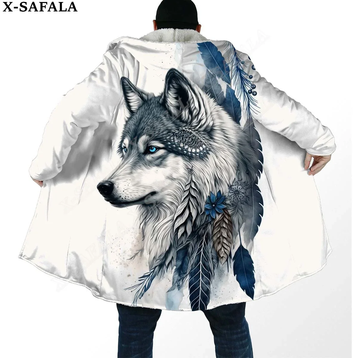 

Native Dark Angry Wolf Moon 3D Print Dream Cloak Thick Warm Hooded Men Overcoat Coat Windproof Fleece Cape Robe Blanket-5