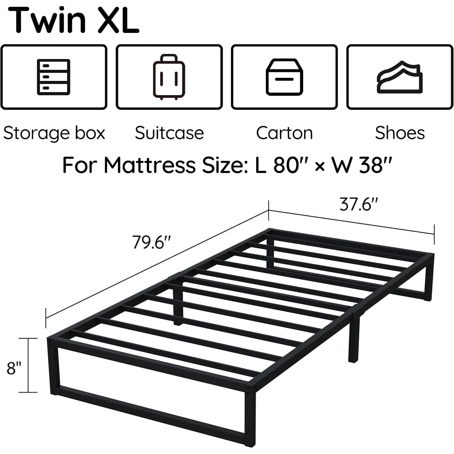 Molduras de cama Twin XL de 8 polegadas, base de colchão com suporte de ripas de aço, sem necessidade de molas, fácil montagem, preto