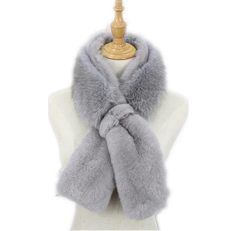 

Real Rex Rabbit Fur with Genuine Fox Fur Muffler Women Winter Warm Full Pelt Fluffy Scarf Neck Wraps