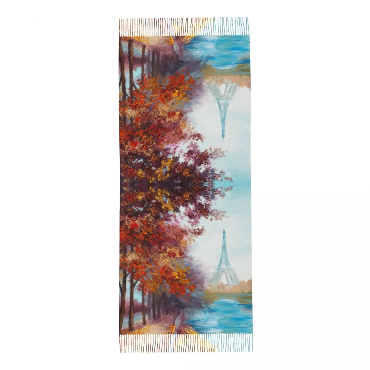 Women Scarf Tassel Head Wraps Oil Painting Of Eiffel Tower Autumn Landscape Thin Autumn Spring Winter Tassel Scarves Bandana