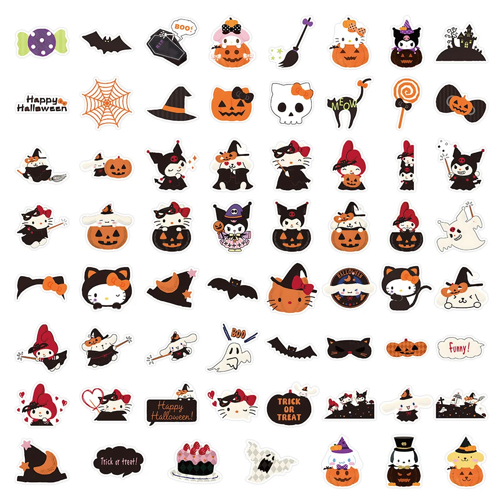 10/30/63 pçs kawaii dos desenhos animados halloween sanrio kitty kuromi melodia adesivos diy bagagem portátil telefone skate criança decalques brinquedo presente