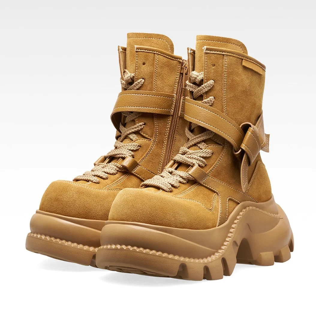Women Suede Platform Combat Boots Lace Up Thick Sole Ankle Boots Round Toe Fashion Outdoor Streetwear Women Motorcycle Boots