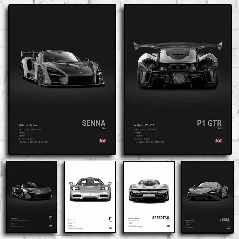 Aesthetic Supercar Sports P1 GTR Speedtail 720s Pop Nordic Luxury Car F1 Senna Poster Canvas Print Wall  Garage Room Decor