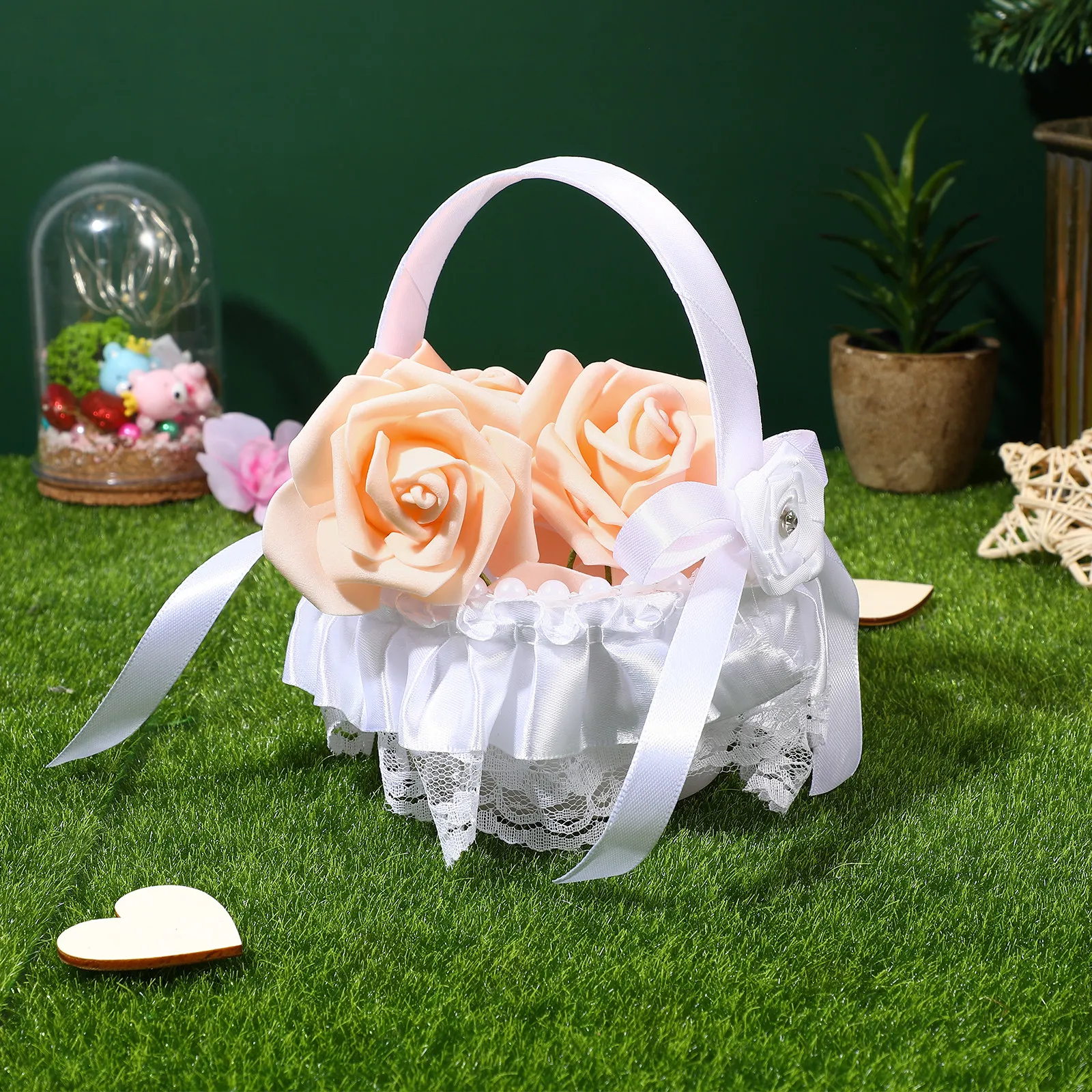 Flower Basket for Wedding Elegant Lace Pearl Decorated Woven Handle Flower Basket for Petal Throwing Dried Silk Fresh