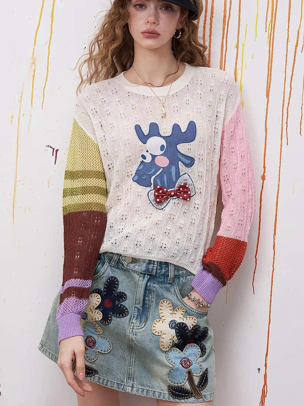 Y2K American Cartoon Flower Patch Embroidery Denim Skirt A Line Short Summer Design for Women