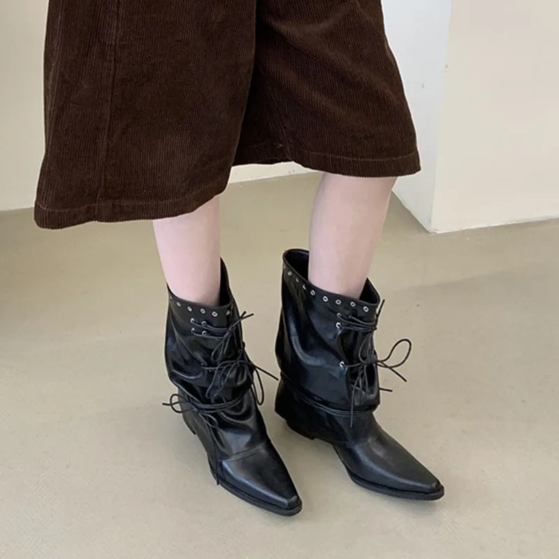 Black Pleated Pointed Toe Ankle Boots Square Heels Fashion Lace Up New In Autumn Winter Ladies Woman Short Booties