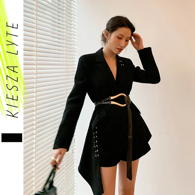 Women's Blazer With Belt Fashion New Irregular Slim Suit Work Office Lady Black Blazers 2024 Spring Summer Jacket High Quality