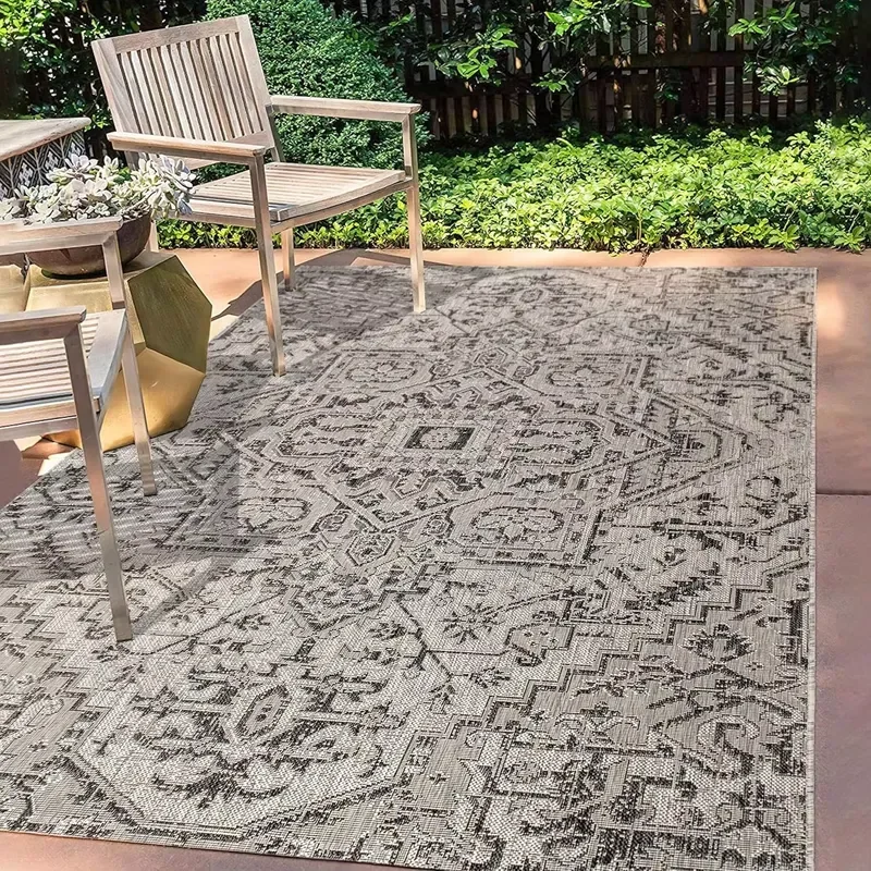 Indoor/Outdoor Polypropylene Medium Pile Area Rug Machine Made Black/Gray Textured Easy-Cleaning High Traffic Anti-Slip