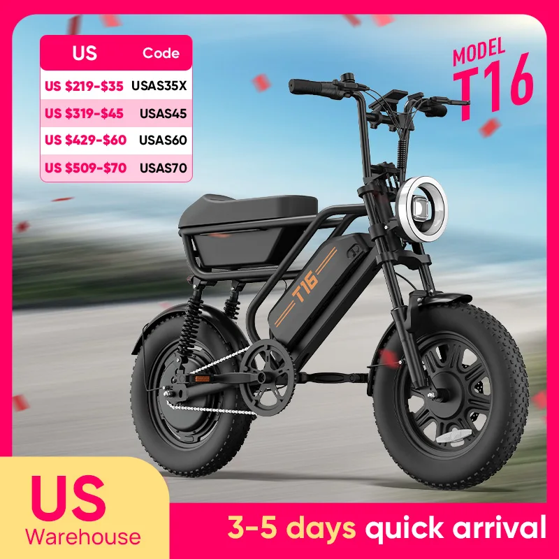 

Electric Bike 1000W 48V 15.6Ah Battery 16X3" Fat Tire 28MPH 100Mi Range 7-Speed Gears Adult Moped All-Terrain Free Shipping