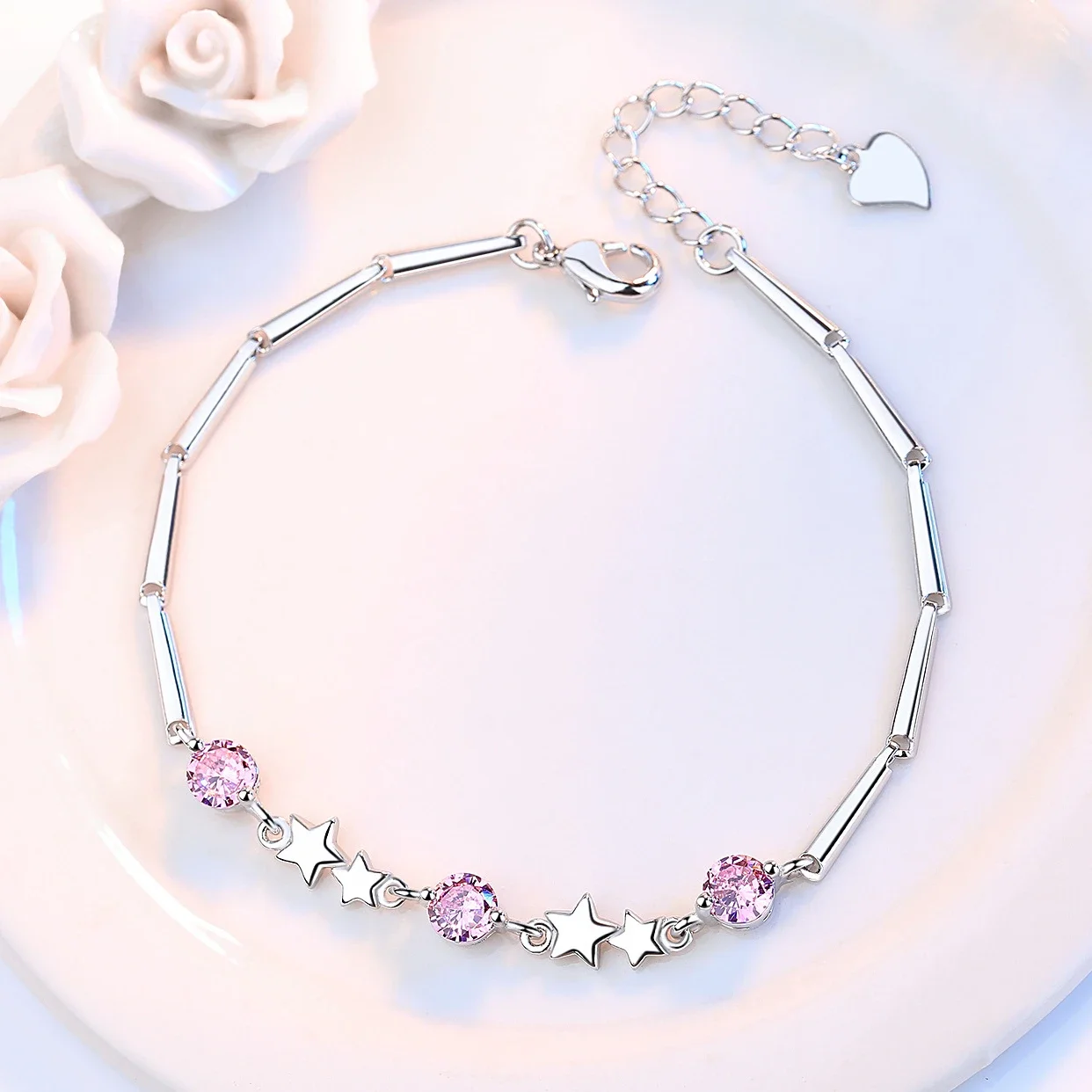 Hot Fine Fashion kpop 925 Sterling Silver creative Star Pink Crystal Bracelets for Women Jewelry Party Wedding Accessories Gifts view 4