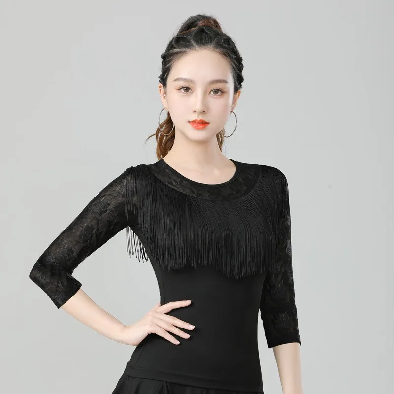 Abito da ballo latino standard nazionale personalizzato per donne adulte Abbigliamento da ballo moderno con nappe e top da allenamento a maniche lunghe nero