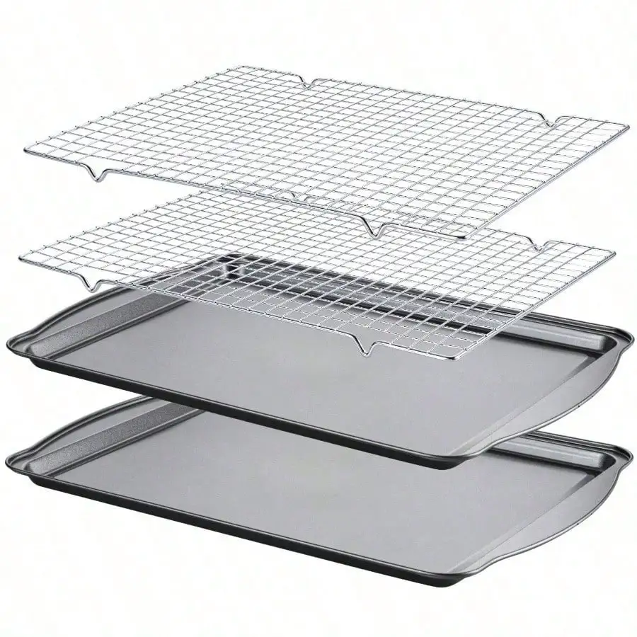 

Baking Sheets and Racks Set 4 Pieces Nonstick Carbon Steel Rectangle Oven Tray with Handles Cooling Grid Rack for Cookies Meats