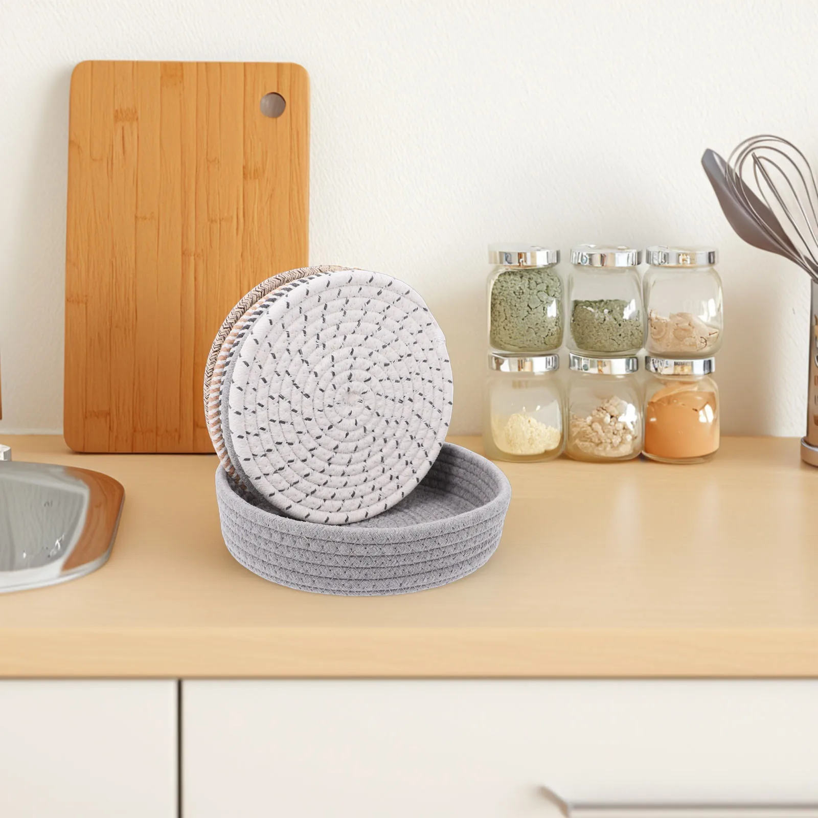 

5 Pcs Cotton Rope Placemat Set Heat Resistant Blue Kitchen Decor Tea Coaster Mats Storage Basket Woven Trivets Hot Pads