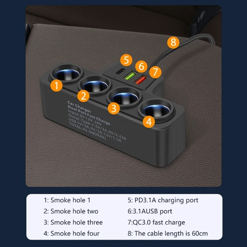 12V/24V Car Adapter Car Power Socket Splitter 120W with USB C Port & 75cm Long Cable for Vehicles Dropship