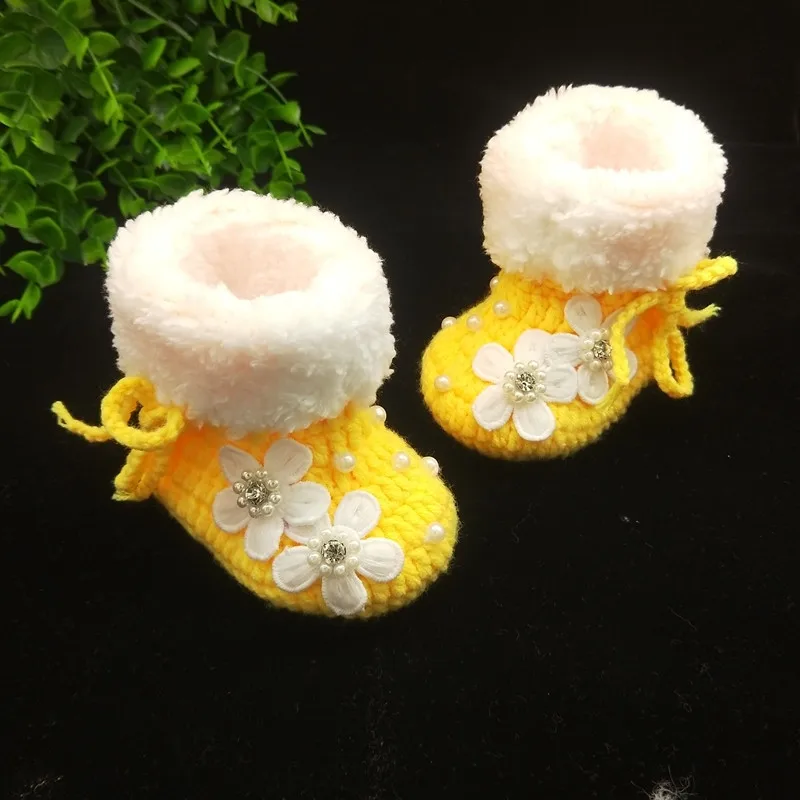 Manual Flower Baby Velvet Warm Shoes Handmade Baby Boots Fall Winter Warm Snow Boots Diamond Pearl Girls Infant Toddler Shoes