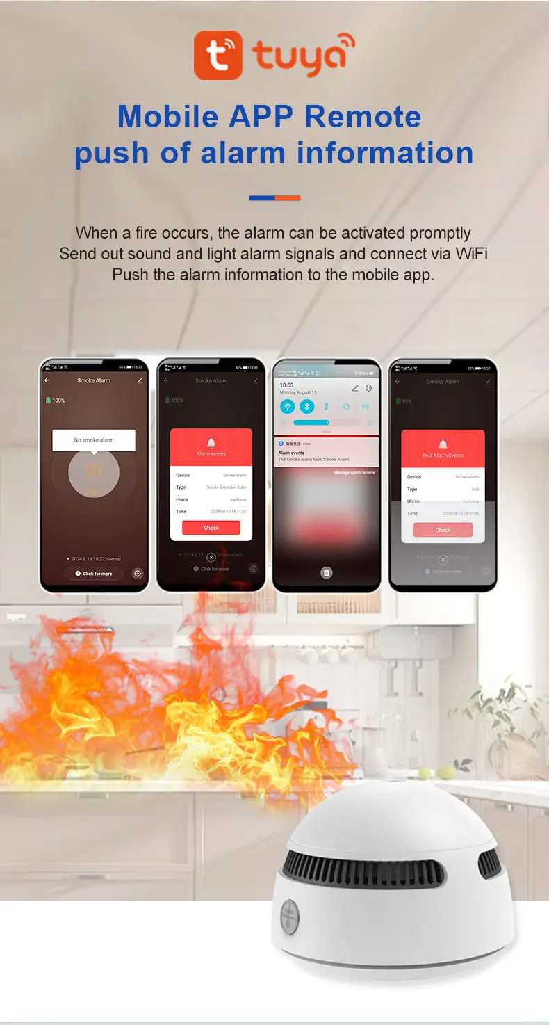 CPVAN Tuya WiFi Detector de fumaça Alarme de proteção contra incêndio Detector de fumaça Sistema de segurança doméstica Sensor de alarme de incêndio inteligente