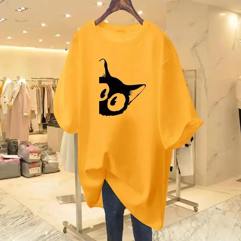 Women's Cat Cartoon O-neck T-shirt, Basics Casual Loose Tops, Pure Cotton, Top, Summer Chic Street Fashion, Pullover