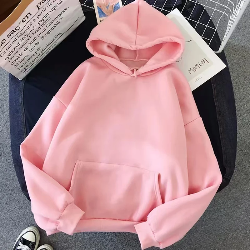 Multi Colorido Puro Algodão Cor Sólida Hoodie Para As Mulheres Outono Novo Estilo Simples E Casual Versátil Para Trabalho Diário E Plugins