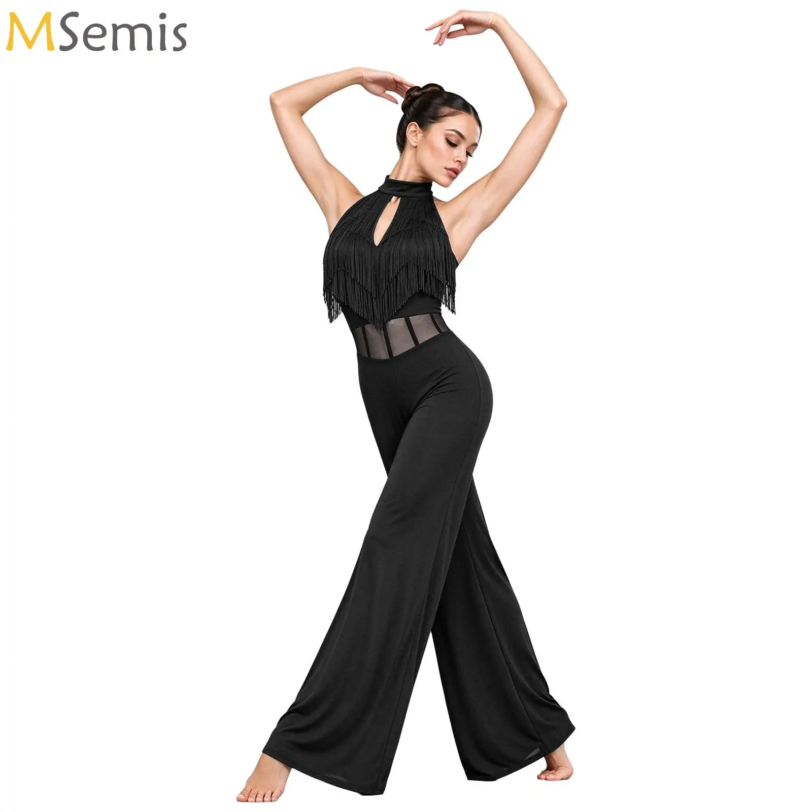 Women Ballet Latin Dance Stage Performance Jumpsuit Halter Sleeveless Tassel Mesh Waist Wide-leg Bodysuit Lyrical Modern Costume