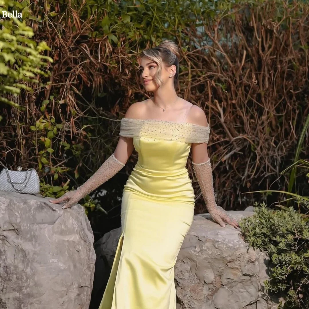 

Bella Customized Yellow Glitter Off The Shoulder Gloves robes de soirée Mermaid Party Dresses Floor-Length Satin Prom Dress 2025