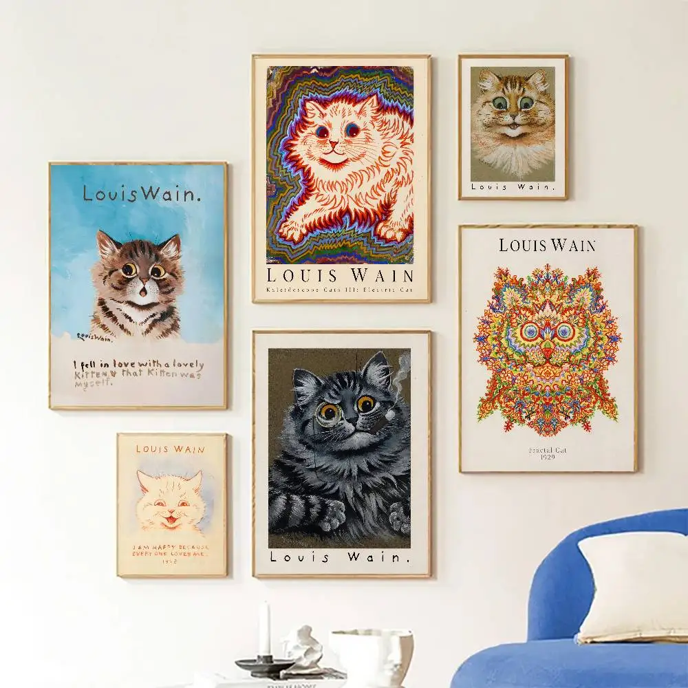 Louis Wain Ginger Kaleidoscope Cat Poster Self-adhesive Art Room Entrance Restaurant Wall Decor Art Painting