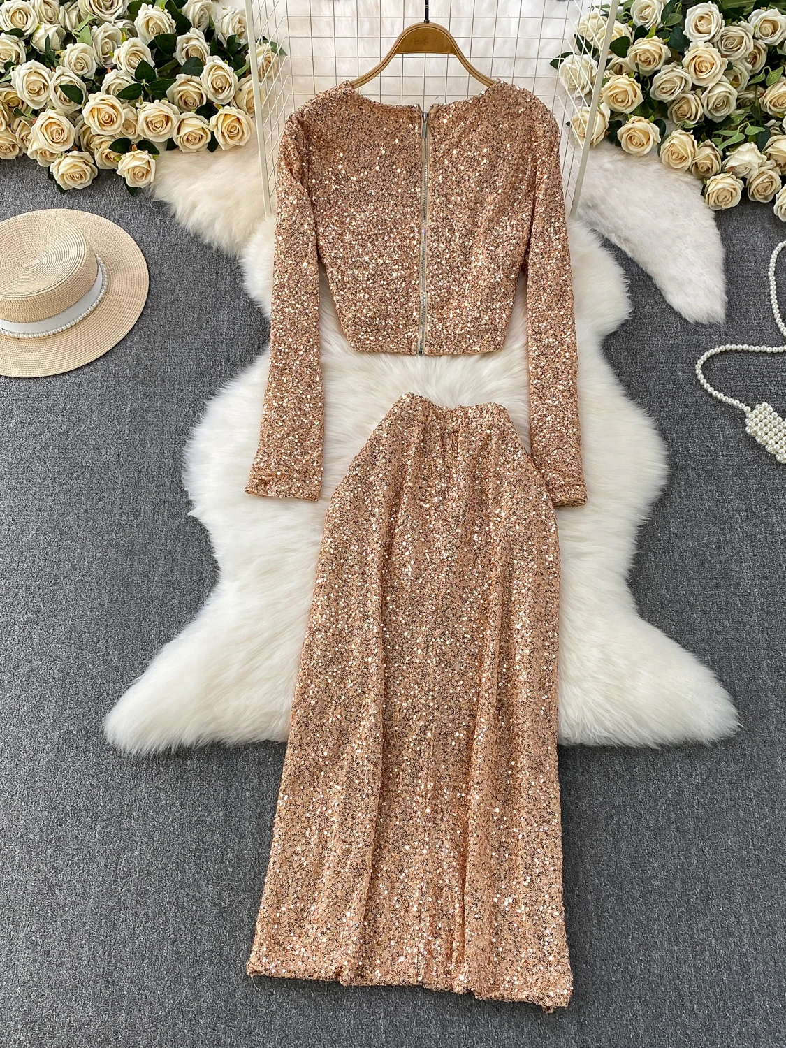 iny Lentejuelas redondas Ne Top Cintura alta Adelgazante Falda de longitud media Conjunto de dos piezas para mujeres Commute Sle Winter Faion