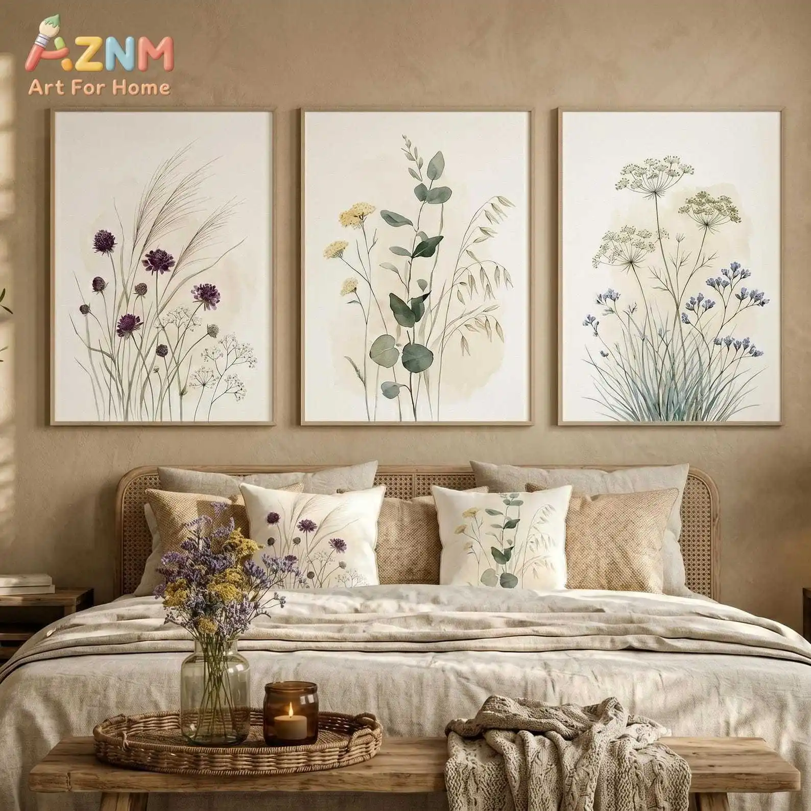 Wildflower Print Set of 3 | Botanical Watercolor Art | Cottagecore Gallery Wall | Eucalyptus Bedroom Decor