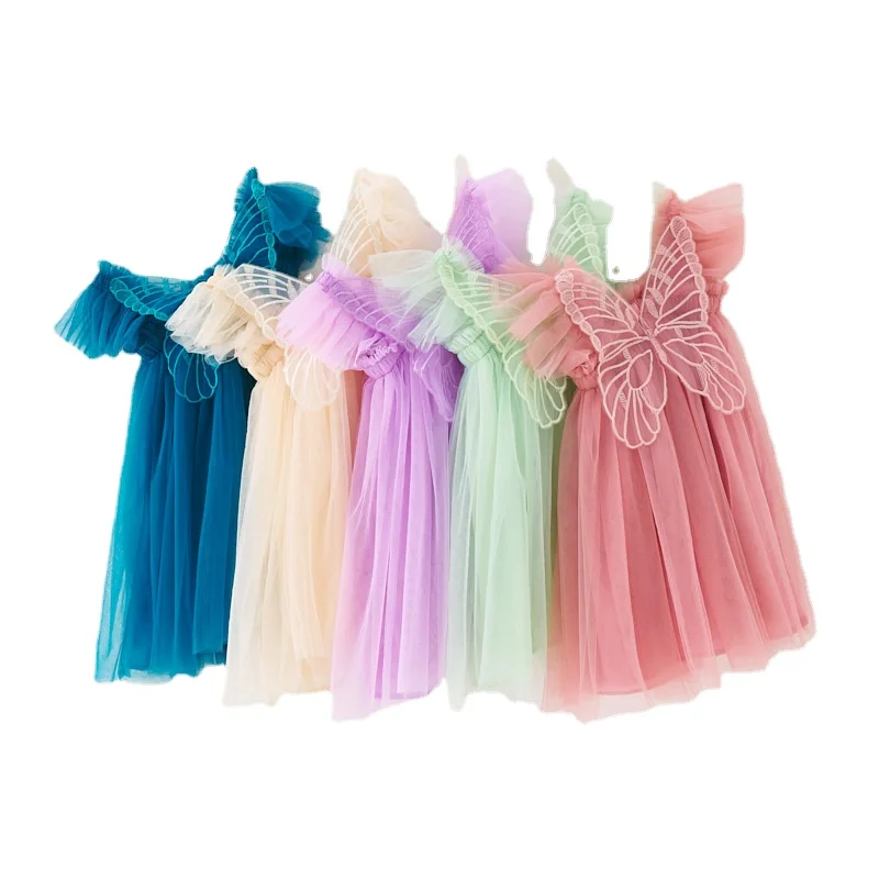 

2023 Summer New Children Butterfly Wings Mesh Princess Dress Girls Flying Sleeve Sling Dress Baby Puffy Party Dresses