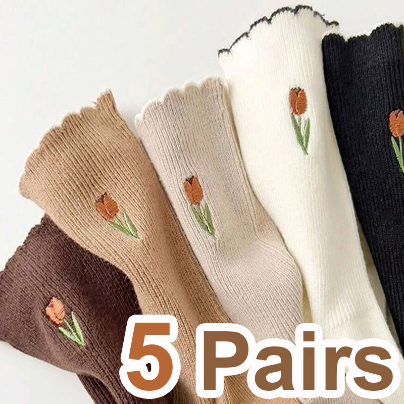 5 Pairs Women Floral Patterned Mid Tube Socks Fashionable Pleated Edges Vintage Color Soft Comfortable All Season Casual Socks