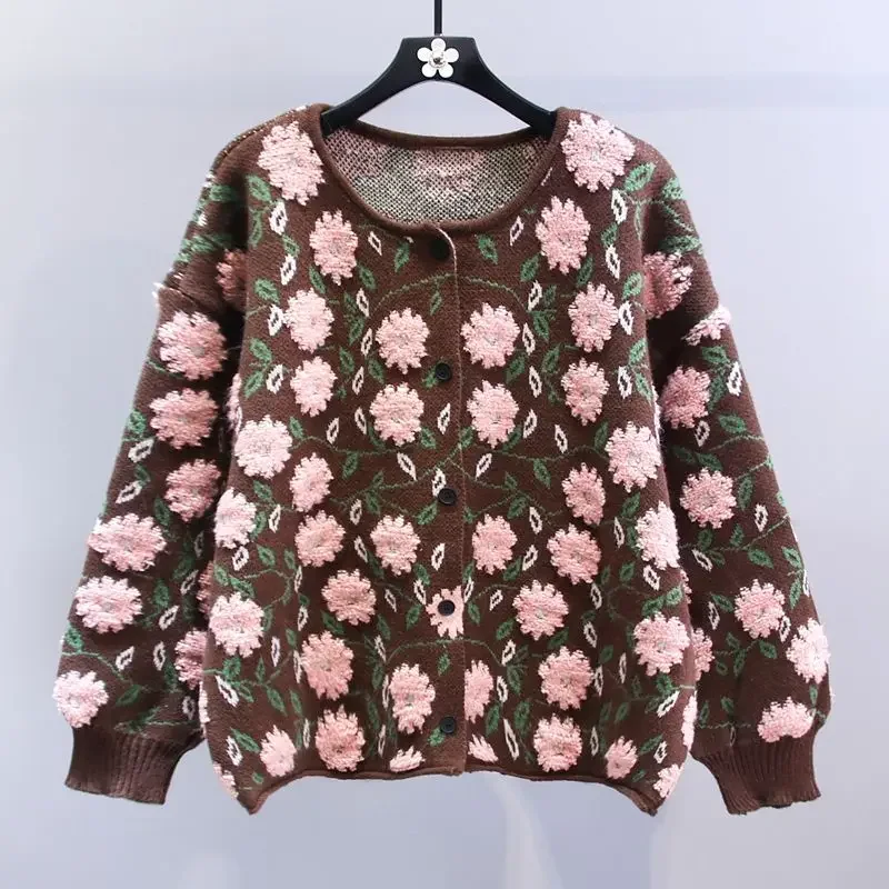 French Vintage Cardigan Long Sleeve Flower Jacquard Single Breasted Loose Knit Tops Sweaters Autumn Winter Coats Women Clothing