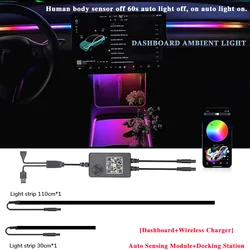 Voor Tesla Model 3 Y Rgb Middenconsole Dashboard Draadloos Opladen Neon Led Licht Strip Muzikaal Ritme Usb Power App Control