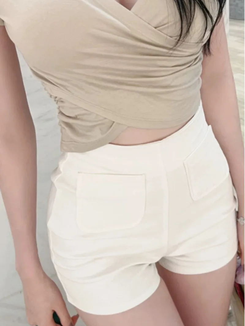 Zomer Koreaanse 2024 Versie Nieuwe Solid Slim Casual Shorts Vrouwen Hoge Taille Dubbele Pocket Sexy Pittige Meisje Wrap Hip Shorts ZQVT