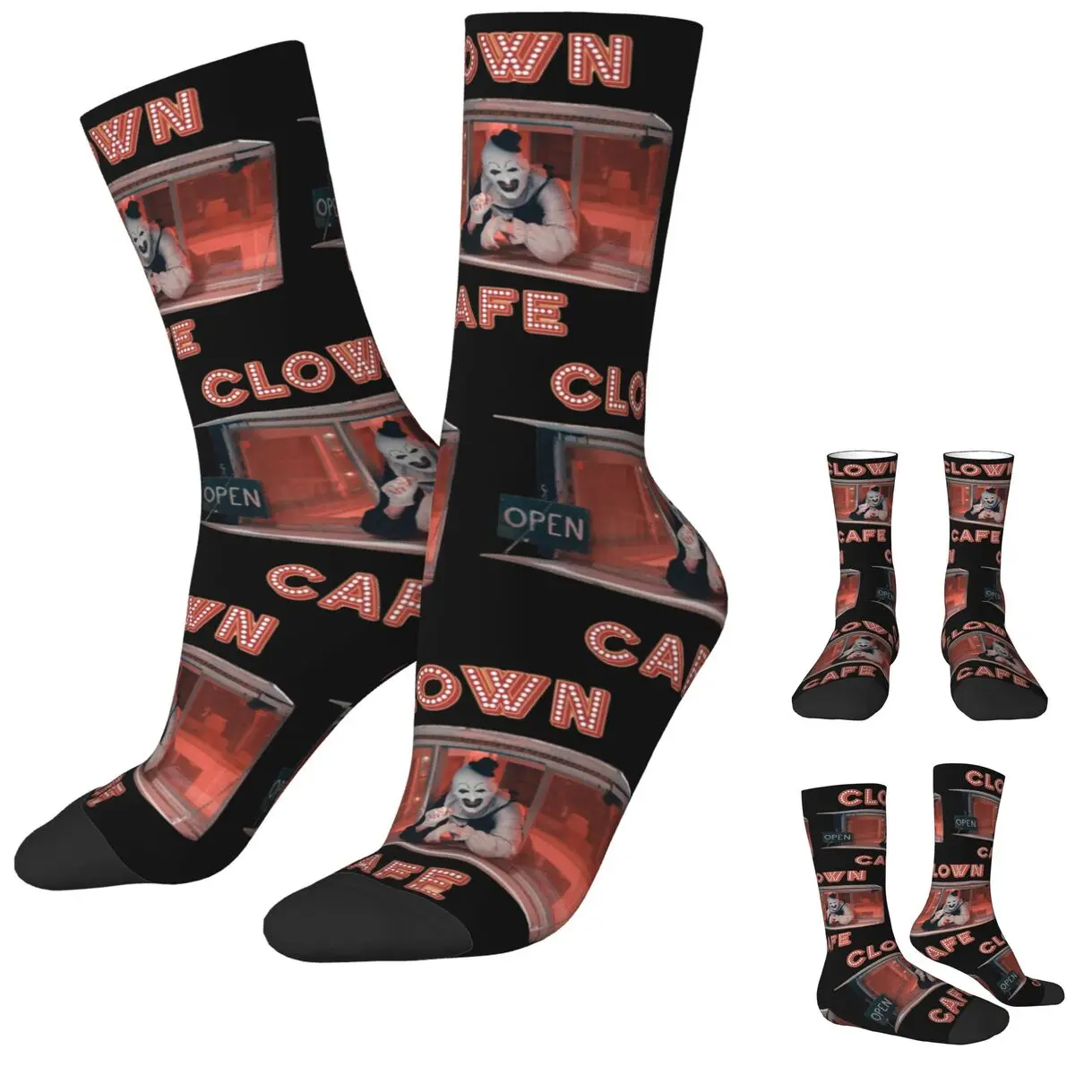 Happy Funny Male Men Socks Casual Terrifier Clown Cafe Sock Horror Art Halloween Film High Quality Women's Spring Autumn Winter