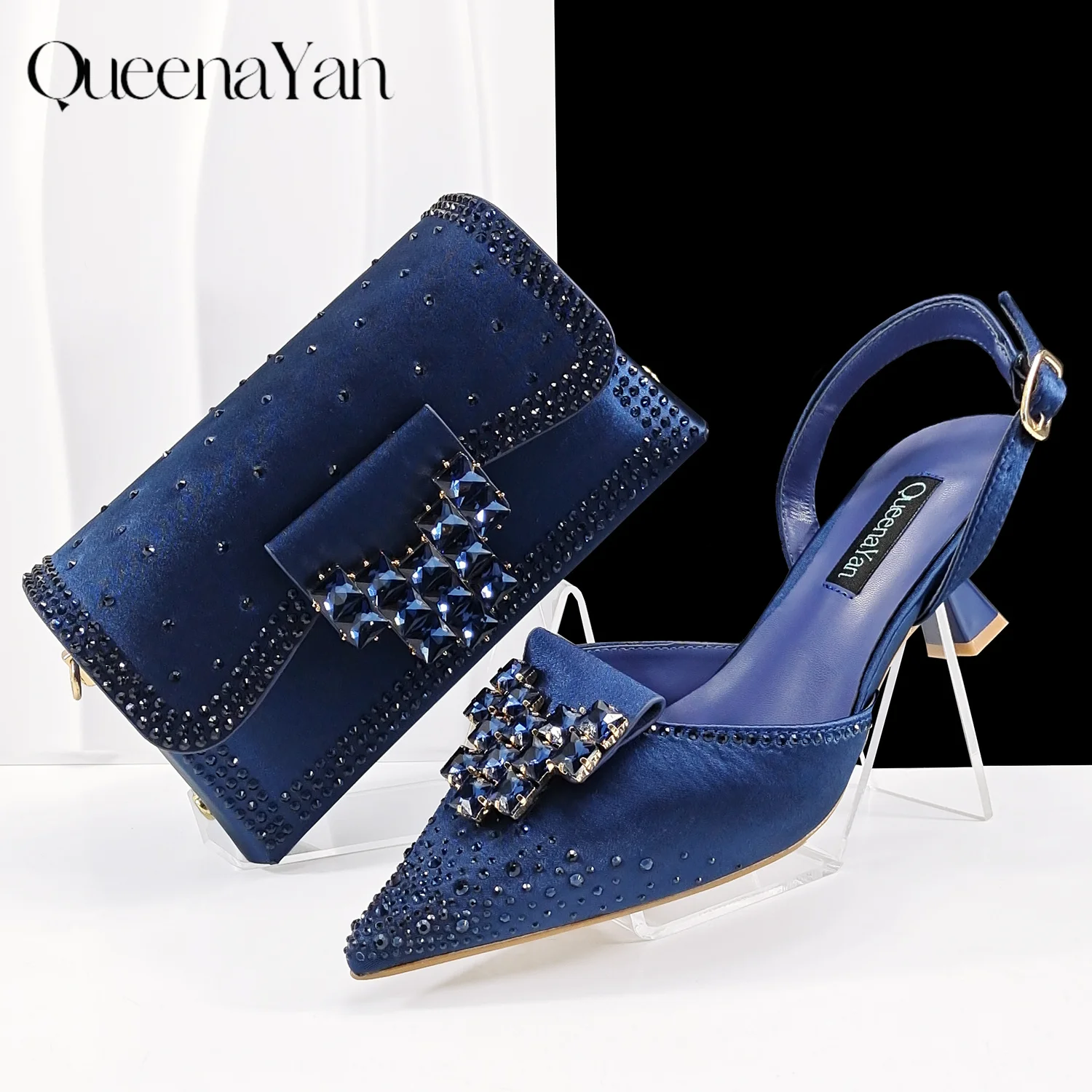 QueenaYan Elegant Navy Blue Handbag and Medium Heel Shoes Set with Beautiful Handmade Metal Decoration for Weddings and Parties