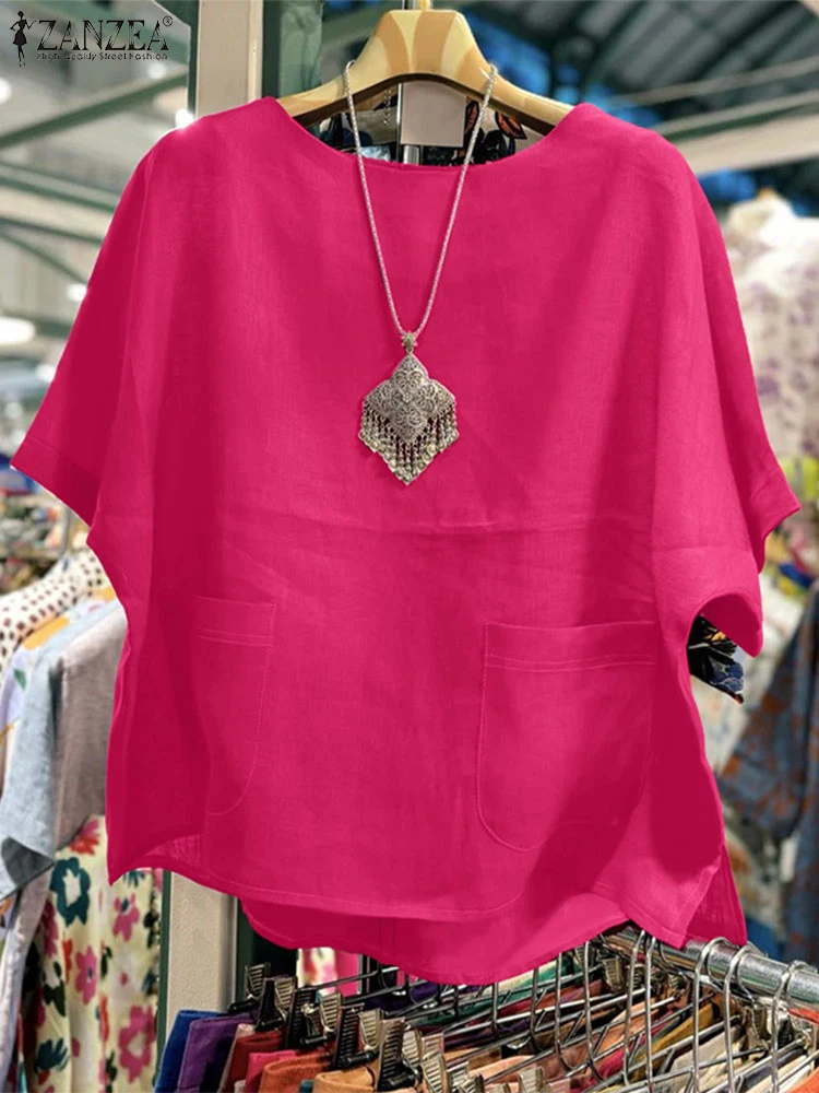 

ZANZEA Women Blouse Casual Loose Pockets O Neck Tops 2025 Summer Solid Color Blusas Fashion Pullover Oversized S-5XL Tunic