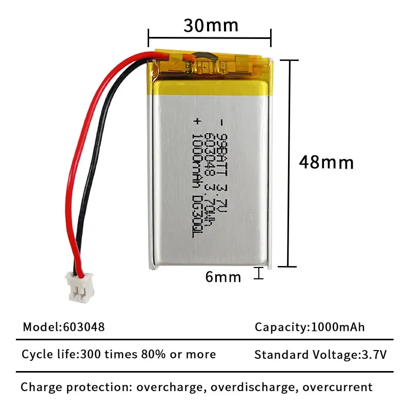 Akumulator Lipo 3.7V 1000mAh 603048 + Złącze JST 2.0mm 2-pinowe do MP3 GPS DVD Rejestratora Bluetooth Słuchawek E-booka Aparatu — zdjęcie produktu 6