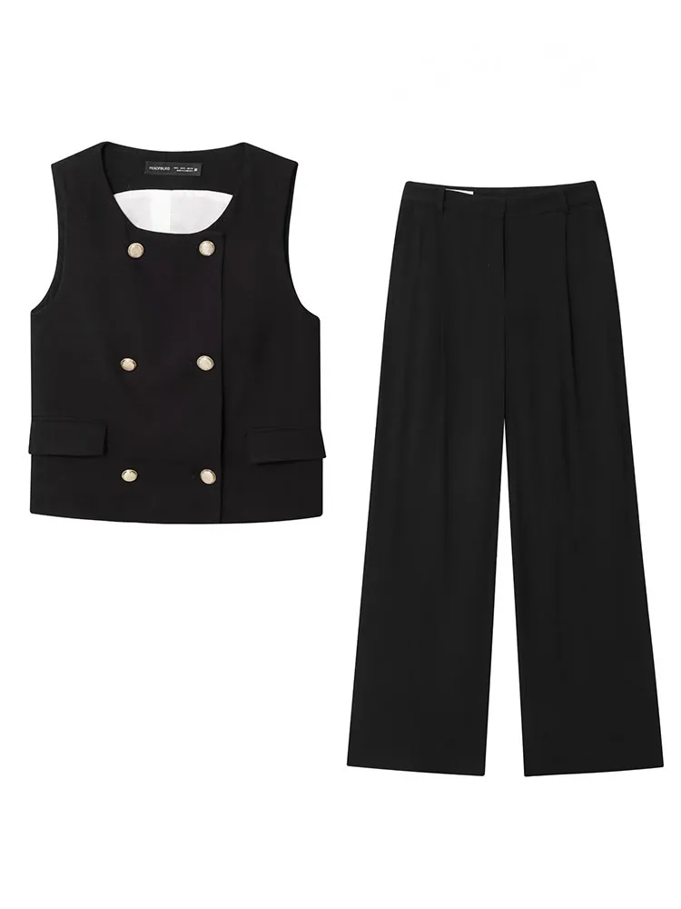 

HH женский летний однотонный комплект из 2 предметов, двубортный топ без рукавов с круглым вырезом + повседневные свободные плиссированные брюки с высокой талией и карманами на молнии