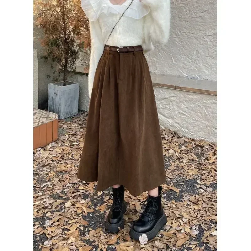 Retro Brown Corduroy Skirt Women\'s Autumn Winter 2024 New Fashion High Waist Mid-Length A-Line Skirts Japanese Vintage Clothes