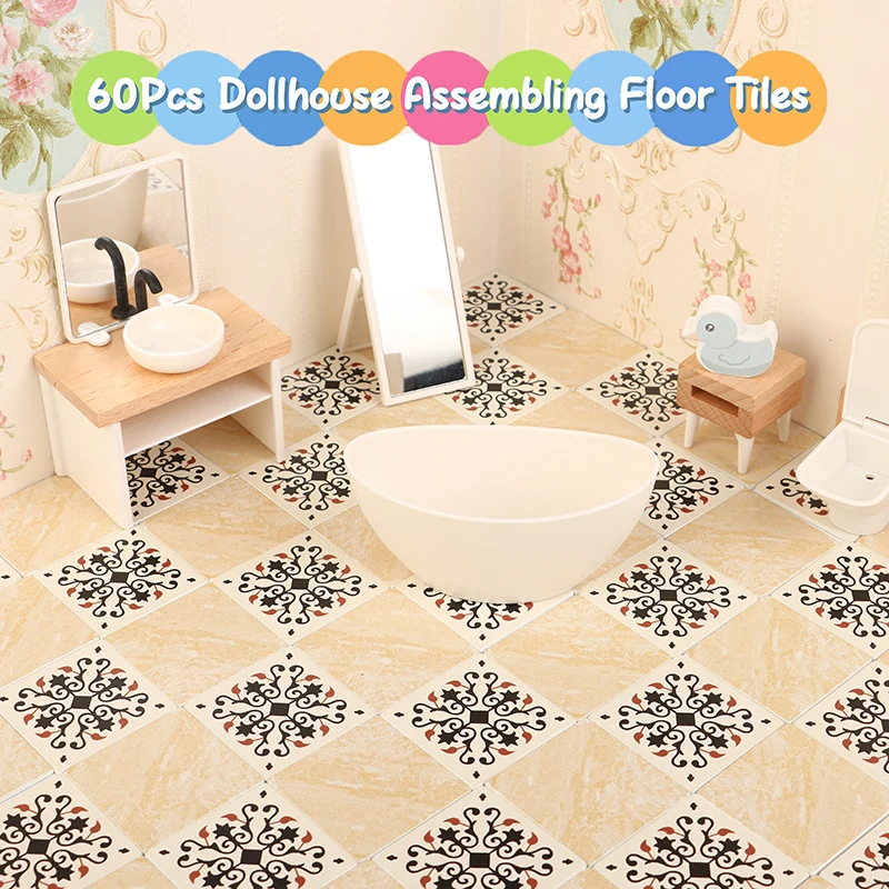 60Pcs 1/12 Dollhouse Mini Wooden Collage Floor Tiles Simulation Retro Wallpaper Model Dollhouse Micro Scene Construction Props