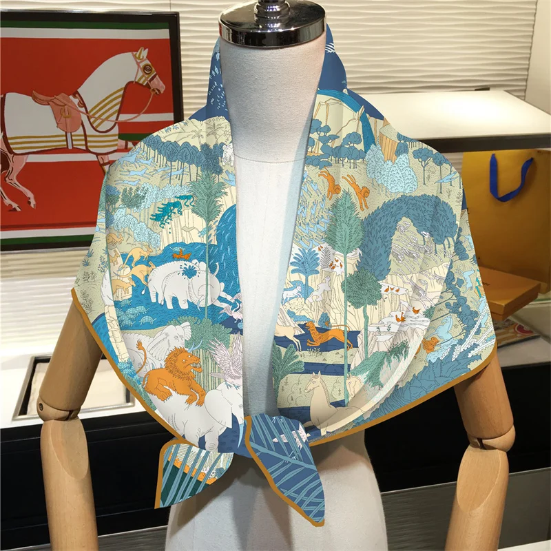 Silk Scarf Women Rainforest Animals Square Scarves Head Echarpes Silk Foulards Femme Wraps Beach Shawls Bandana Lady Hijabs 90CM