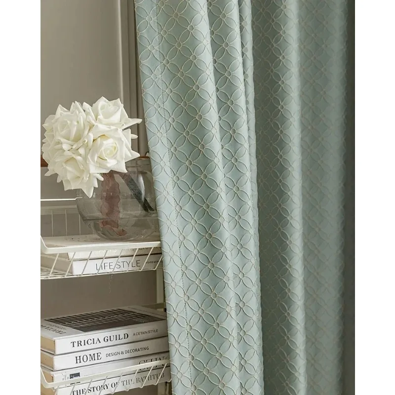 

Custom Grey Green Four Leaf Clover Relief Jacquard Thickened Blackout Curtains for Living Room Bedroom French Window Balcony